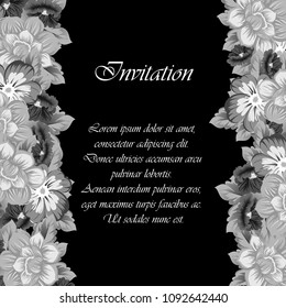 monochrome beautiful floral frame on black background. For your fabric design, clothing, printed matter. Greetings and cards for birthday, wedding, Valentine's day and more. Vector illustration.