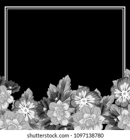 monochrome beautiful floral frame on black background. For your fabric design, clothing, printed matter. Greetings and cards for birthday, wedding, Valentine's day and more. Vector illustration.
