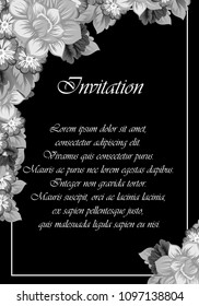 monochrome beautiful floral frame on black background. For your fabric design, clothing, printed matter. Greetings and cards for birthday, wedding, Valentine's day and more. Vector illustration.