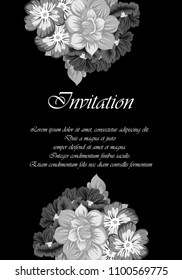 monochrome beautiful floral frame on black background. For your fabric design, clothing, printed matter. Greetings and cards for birthday, wedding, Valentine's day and more. Vector illustration.