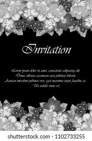 monochrome beautiful floral frame on black background. For your fabric design, clothing, printed matter. Greetings and cards for birthday, wedding, Valentine's day and more. Vector illustration.