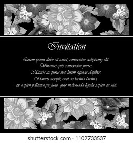 monochrome beautiful floral frame on black background. For your fabric design, clothing, printed matter. Greetings and cards for birthday, wedding, Valentine's day and more. Vector illustration.