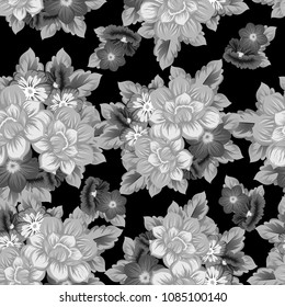 monochrome beautiful floral seamless pattern. For your fabric design, clothing, printed matter. Greetings and cards for birthday, wedding, Valentine's day and more. Vector illustration