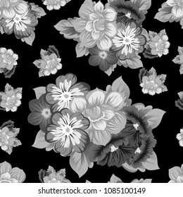 monochrome beautiful floral seamless pattern. For your fabric design, clothing, printed matter. Greetings and cards for birthday, wedding, Valentine's day and more. Vector illustration