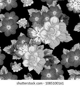 monochrome beautiful floral seamless pattern. For your fabric design, clothing, printed matter. Greetings and cards for birthday, wedding, Valentine's day and more. Vector illustration