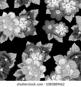monochrome beautiful floral seamless pattern. For your fabric design, clothing, printed matter. Greetings and cards for birthday, wedding, Valentine's day and more. Vector illustration