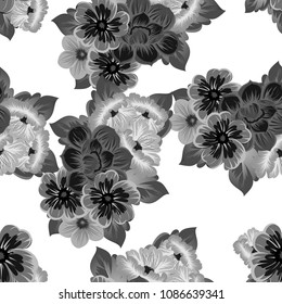 monochrome beautiful floral seamless pattern. For your clothing design, fabric, printed matter. Invitations, birthday greetings, wedding, Valentine's day and more. Vector illustration.