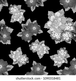 monochrome beautiful floral seamless pattern on black background. For your fabric design, clothing, printed matter. Greetings and cards for birthday, wedding, Valentine's day. Vector illustration.