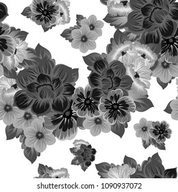 monochrome beautiful floral seamless pattern. For your clothing design, fabric, printed matter. Invitations, birthday greetings, wedding, Valentine's day and more. Vector illustration.