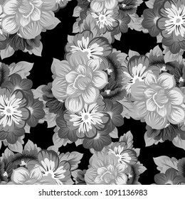 monochrome beautiful floral seamless pattern on black background. For your fabric design, clothing, printed matter. Greetings and cards for birthday, wedding, Valentine's day. Vector illustratration.