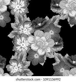 monochrome beautiful floral seamless pattern on black background. For your fabric design, clothing, printed matter. Greetings and cards for birthday, wedding, Valentine's day. Vector illustratration.