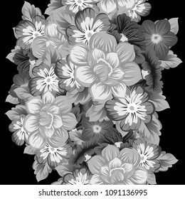 monochrome beautiful floral seamless pattern on black background. For your fabric design, clothing, printed matter. Greetings and cards for birthday, wedding, Valentine's day. Vector illustratration.