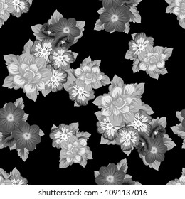 monochrome beautiful floral seamless pattern on black background. For your fabric design, clothing, printed matter. Greetings and cards for birthday, wedding, Valentine's day. Vector illustratration.