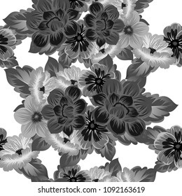 monochrome beautiful floral seamless pattern. For your clothing design, fabric, printed matter. Invitations, birthday greetings, wedding, Valentine's day and more. Vector illustration.