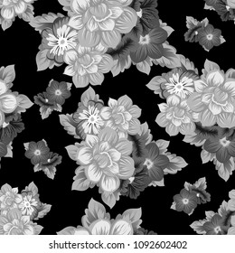 monochrome beautiful floral seamless pattern on black background. For your fabric design, clothing, printed matter. Greetings and cards for birthday, wedding, Valentine's. Vector illustratration.