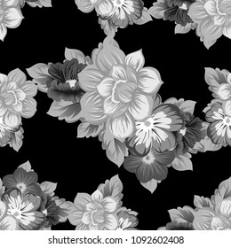 monochrome beautiful floral seamless pattern on black background. For your fabric design, clothing, printed matter. Greetings and cards for birthday, wedding, Valentine's. Vector illustratration.