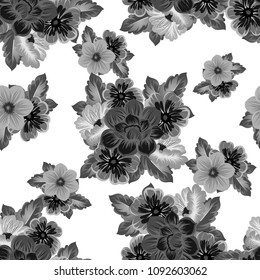 monochrome beautiful floral seamless pattern. For your clothing design, fabric, printed matter. Invitations, birthday greetings, wedding, Valentine's day and more. Vector illustration.