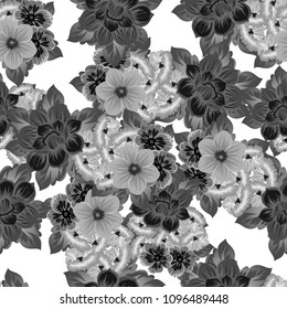 monochrome beautiful floral seamless pattern. For your clothing design, fabric, printed matter. Invitations, birthday greetings, wedding, Valentine's day and more. Vector illustration.