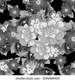 monochrome beautiful floral seamless pattern on black background. For your fabric design, clothing, printed matter. Greetings and cards for birthday, wedding, Valentine's day. Vector illustratration.