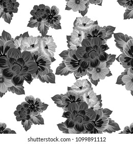 monochrome beautiful floral seamless pattern. For your clothing design, fabric, printed matter. Invitations, birthday greetings, wedding, Valentine's day and more. Vector illustration.