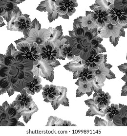 monochrome beautiful floral seamless pattern. For your clothing design, fabric, printed matter. Invitations, birthday greetings, wedding, Valentine's day and more. Vector illustration.