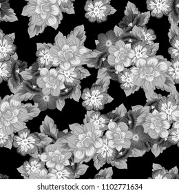 monochrome beautiful floral seamless pattern on black background. For your fabric design, clothing, printed matter. Greetings and cards for birthday, wedding, Valentine's day. Vector illustration