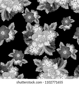 monochrome beautiful floral seamless pattern on black background. For your fabric design, clothing, printed matter. Greetings and cards for birthday, wedding, Valentine's day. Vector illustration