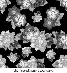 monochrome beautiful floral seamless pattern on black background. For your fabric design, clothing, printed matter. Greetings and cards for birthday, wedding, Valentine's day. Vector illustration