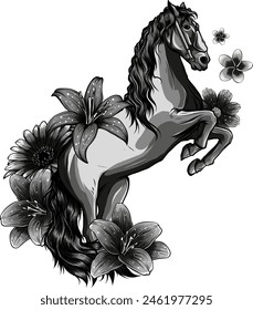 monochrome Beautiful horse with flower. Vector drawn illustration