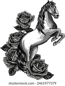 monochrome Beautiful horse with roses. Vector drawn illustration