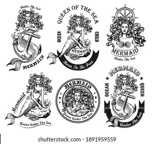 Monochrome beautiful mermaid for tattoo vector illustration set. Retro emblems with long-haired water nymph on rock or anchor. Sea and sailing concept can be used for retro template