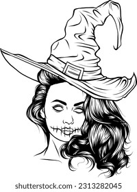 monochrome beautiful witch in a classic hat and coloured hair