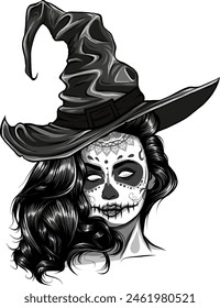 monochrome beautiful witch in a classic hat