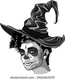 monochrome beautiful witch in a classic hat vector illustration