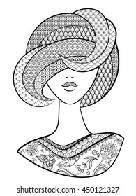 Monochrome Beautiful Woman with Bob Haircut in zentangle style. Hand drawn Vector illustration. Sketch for adult coloring page tattoo, t-shirt design
