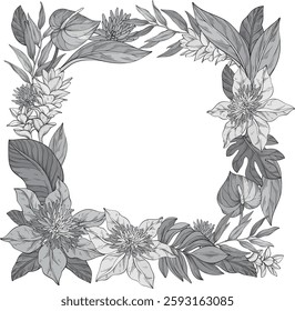 A monochrome beautifully detailed floral vector illustration of a square frame adorned with lush Clematis flowers, ginger flowering and palm leaves, elegantly set against a clean white background