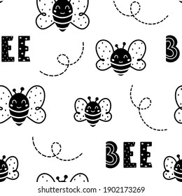 Patrón de abejas monocromas sin fisuras con abejas negras y grabado aislado en fondo blanco. Ilustración vectorial de estilo escandinavo dibujada a mano.