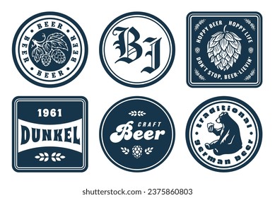 Monochrome beer bierdeckel vector set for design of brew beer in a brewery. The collection vintage bierdeckels for craft brewing. Old retro designs for decor of bar and pub