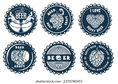 Monochrome beer cap vector set for design of brew beer in a brewery. The collection of metal corks for logo of craft brewing. Vintage old retro designs with beer cap for pub and bar