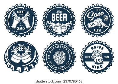 Monochrome beer cap vector set for design of brew beer in a brewery. The collection of metal corks for logo of craft brewing. Vintage old retro designs with beer cap for pub and bar