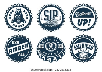 Monochrome beer cap vector set for design of brew beer in a brewery. The collection of metal corks for logo of craft brewing. Vintage old retro designs with beer cap for pub and bar