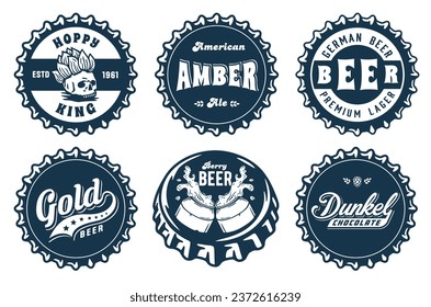 Monochrome Bierdeckel Vektor-Set für die Gestaltung von Braubier in einer Brauerei. Die Sammlung von Metallkorken für Logo des Handwerks Brauen. Vintage alte Retro-Designs mit Bierdeckel für Pub und Bar