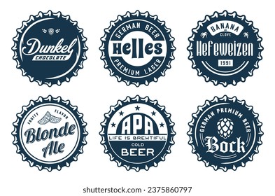 Monochrome beer cap vector set for design of brew beer in a brewery. The collection of metal corks for logo of craft brewing. Vintage old retro designs with beer cap for pub and bar