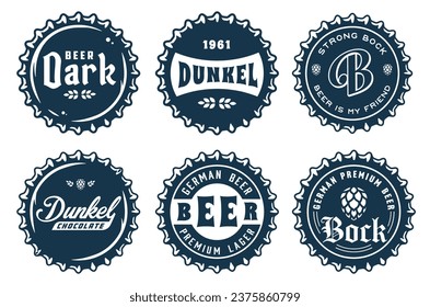 Monochrome beer cap vector set for design of brew beer in a brewery. The collection of metal corks for logo of craft brewing. Vintage old retro designs with beer cap for pub and bar