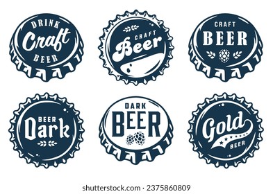 Monochrome beer cap vector set for design of brew beer in a brewery. The collection of metal corks for logo of craft brewing. Vintage old retro designs with beer cap for pub and bar