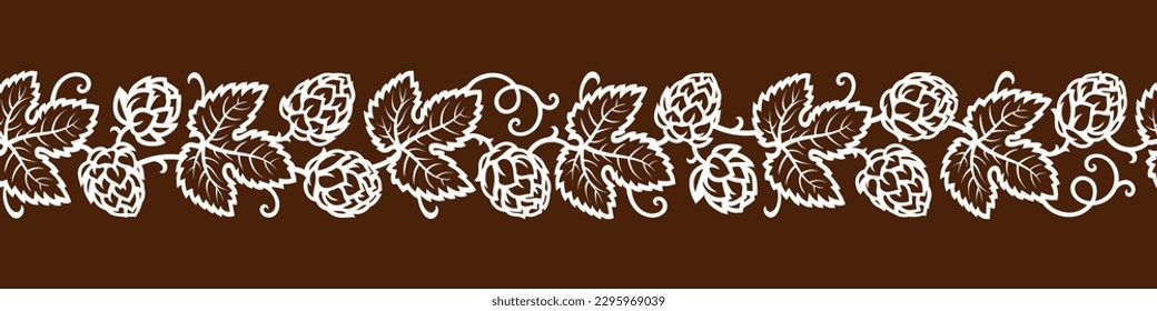 Monochrome beer hop seamless border. Hop branches with cones and leaves. Brewery, beer festival, bar, pub design element. Hand drawn vector illustration isolated on dark background.