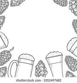 Monochrome beer menu design template. Engraved illustration with hops and beer glasses. Brewery frame concept. Hand drawn vector illustration for beer restaurant