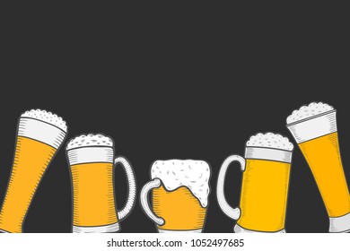 Monochrome beer menu design template. Engraved illustration with beer glasses. Brewery frame concept. Hand drawn vector illustration for beer restaurant
