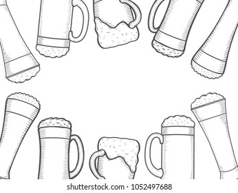 Monochrome beer menu design template. Engraved illustration with beer glasses. Brewery frame concept. Hand drawn vector illustration for beer restaurant