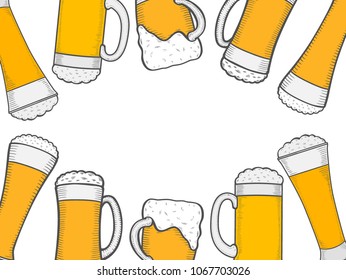Monochrome beer menu design template. Engraved illustration with beer glasses. Brewery frame concept. Hand drawn vector illustration for beer restaurant